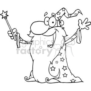 A black and white clipart image of a friendly wizard. The wizard has a large nose, a long beard, and wears a star-covered robe and pointed hat. He is holding a magic wand with a star at the tip and has a cheerful expression with one hand raised.