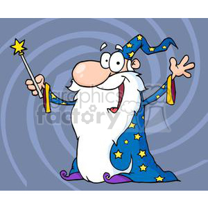 A cheerful, cartoon-style wizard with a long white beard, wearing a blue robe and hat adorned with yellow stars, holding a magic wand with a star on top, set against a whimsical spiral background.