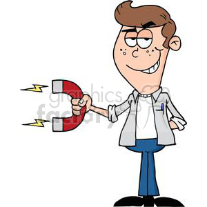  The clipart image depicts a cartoon of a teenage boy holding a large red horseshoe magnet. The magnet is active, as indicated by two yellow lightning bolts emerging from its poles. The boy has a smirk on his face, suggesting he