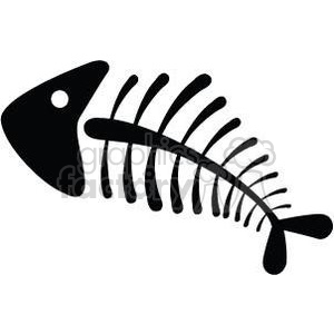 The image is a simple black and white clipart of a fish skeleton. It depicts the iconic silhouette outline of fish bones, which includes the fish's head, spine, and rib bones, ending with the tail fin.