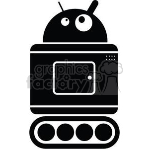 A black and white clipart image of a robot with circular eyes, antenna, rectangular body, and track wheels.