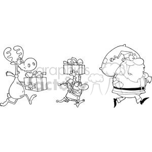 A humorous Christmas-themed clipart featuring a cheerful reindeer carrying a present, a playful elf lifting a gift, and a jolly Santa Claus with a sack of toys.