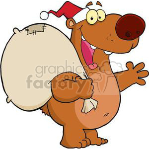 Cartoon bear wearing a Santa hat, carrying a large sack and smiling.