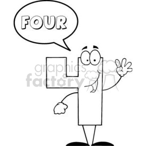 A humorous clipart image featuring the number four as a cartoon character with eyes, a mouth, and a speech bubble saying 'FOUR'.