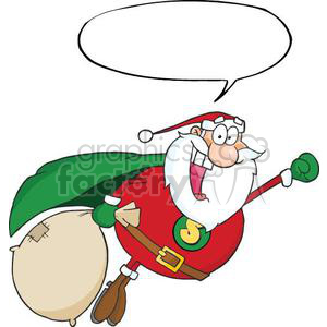 A cartoon Santa Claus flying with a bag of gifts and a speech bubble.