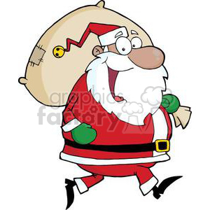 Cartoon Santa Claus happily walking with a large sack of gifts over his shoulder.