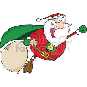 A cartoon-style image of Santa Claus flying cheerfully with a bag of gifts, wearing a red suit and a green cape.