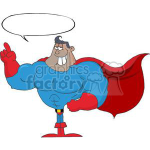 A humorous superhero character in a cartoon style, wearing a blue suit with a red cape and gloves. He is smiling and pointing upwards with a speech bubble above him.