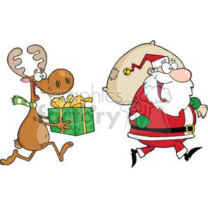 A humorous Christmas-themed clipart showing Santa Claus and a reindeer running while delivering gifts. The reindeer is carrying a green present with a yellow ribbon, and Santa is carrying a large sack of gifts.