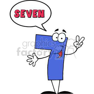 A cartoon character shaped like the number seven, with eyes and mouth, making a peace sign, and saying 'SEVEN' in a speech bubble.