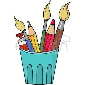 The clipart image depicts a collection of art supplies held in a turquoise cup or container. Within the cup, there are several items: three paintbrushes with bristles depicted in shades of light brown, indicating that they may be used or stained with paint, a red tube of paint that appears to be slightly squeezed from use, and a variety of colored pencils in yellow, blue, red, and brown. The style of the clipart is simplified and cartoonish, commonly used for conveying ideas or themes related to arts and crafts in an approachable and lighthearted manner.