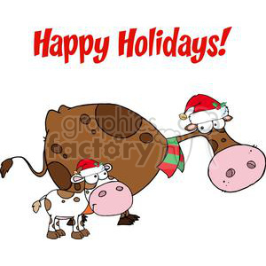 Cartoon illustration of two cows wearing Santa hats and a scarf, with the text 'Happy Holidays!' above them.