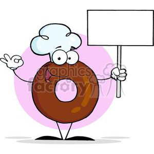 A chocolate doughnut cartoon character with a chef's hat, making an OK gesture, and holding a blank sign.