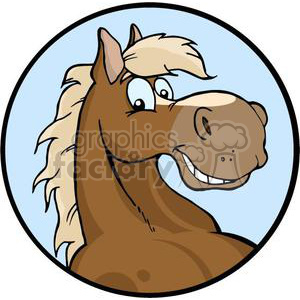 This clipart image features a cartoon horse with a humorous and friendly expression. The horse has a brown coat and a blonde mane, and is encircled by a blue background.