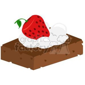 Clipart image of a chocolate brownie topped with whipped cream and a strawberry.