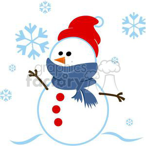 This is a cheerful clipart image of a snowman wearing a red Santa hat and a blue scarf. The background features multiple blue snowflakes.