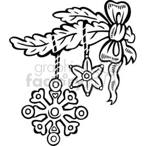 A black and white clipart image depicting a Christmas-themed design. The image shows two ornaments, one shaped like a snowflake and the other like a star, hanging from a pine branch with a ribbon tied around it.