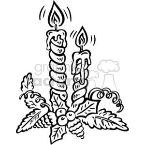 Black and white clipart image of two burning candles with dripping wax, surrounded by holly leaves and berries, representing a festive or holiday theme.