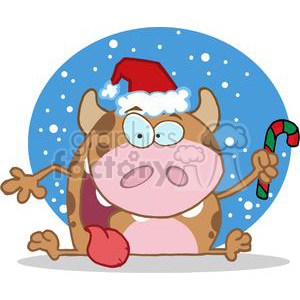 A cartoon cow wearing a Santa hat, holding a candy cane, in a snowy backdrop.