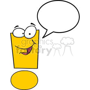   The clipart image shows a stylized yellow exclamation mark with anthropomorphic features. It has a face with big round eyes and glasses, a wide open mouth with a tongue showing as if it