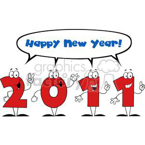 Cartoon numbers forming 2011 with happy expressions and speech bubble saying 'Happy New Year!'