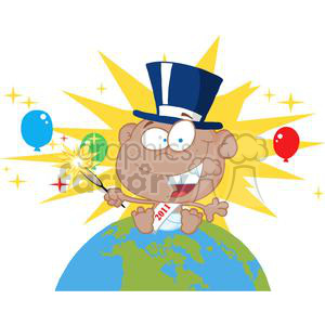 A humorous clipart image featuring a cartoon baby wearing a top hat, sitting on top of a globe. The baby holds a sparkler and wears a sash marked '2011', surrounded by colorful balloons and stars, symbolizing New Year's Eve celebrations.