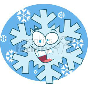 A humorous clipart image of a cartoon snowflake with a funny face on a blue background featuring additional snowflakes.