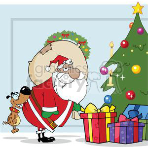 A humorous Christmas clipart image featuring Santa Claus with a playful dog biting his behind, standing by a Christmas tree and gifts.