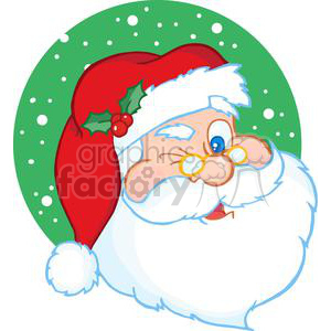 A playful clipart image of Santa Claus winking, wearing a red hat with holly berries, against a green snowy background.