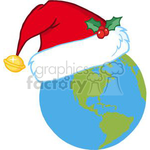 A humorous Christmas-themed clipart of Earth wearing a Santa hat decorated with holly and a golden bell.