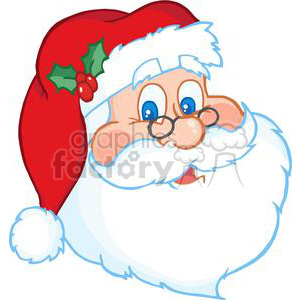 A cheerful cartoon image of Santa Claus with a red hat and holly.