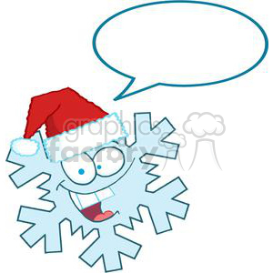 A cheerful snowflake character wearing a Santa hat with a speech bubble above it, conveying a festive holiday theme.