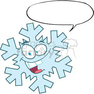 Funny cartoon snowflake with a smiling face, featuring a speech bubble.