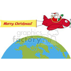 A humorous clipart image featuring Santa Claus flying a red airplane above the Earth, pulling a banner that reads 'Merry Christmas!'