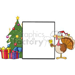 A festive clipart image featuring a cheerful turkey wearing a Santa hat, holding a bell. Next to the turkey is a decorated Christmas tree with colorful ornaments and presents.