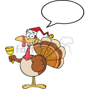 A humorous cartoon turkey wearing a Santa hat and holding a bell with a speech bubble.