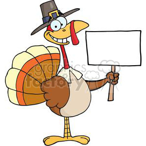 A cartoon turkey wearing a pilgrim hat, holding a blank sign. The turkey has a cheerful expression and is designed in a humorous style, fitting with the Thanksgiving holiday theme.