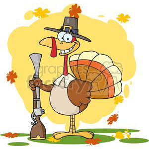 A humorous Thanksgiving clipart featuring a cartoon turkey dressed as a pilgrim, holding a musket, surrounded by autumn leaves.