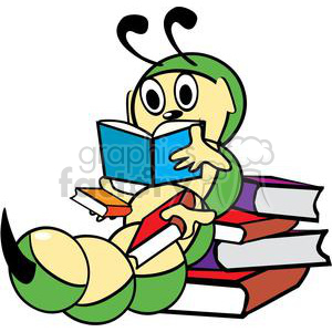 A cute cartoon bookworm sitting on a stack of books, engrossed in reading, symbolizing knowledge and education.