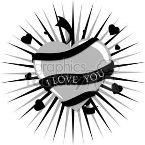 Black and white clipart featuring a heart with a ribbon that says 'I Love You' surrounded by smaller hearts and rays.