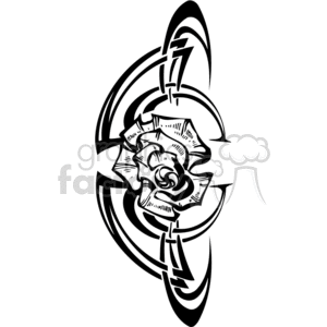 Ornamental black and white clipart illustration featuring an intricate, abstract floral design with smooth, flowing curves and sharp edges.