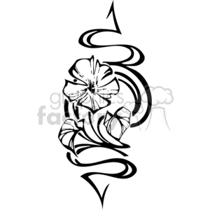 A black and white clipart image of a floral design featuring abstract flowers and flowing lines.