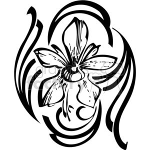 Black and white floral-themed clipart image featuring a stylized flower with curved petals and surrounding abstract lines.