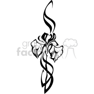 A black and white clipart image depicting an abstract floral design with leaves and flowing lines.