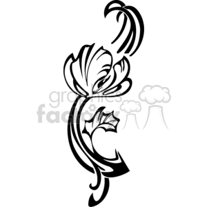 A stylized black and white floral motif clipart, featuring abstract flowers and leaves with flowing curves and intricate details.