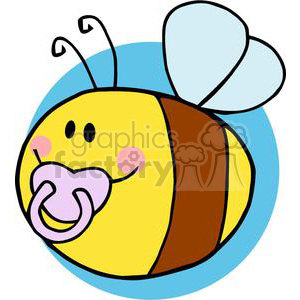 A cute and colorful cartoon bee with blue wings, holding a pacifier in its mouth, set against a blue circular background.