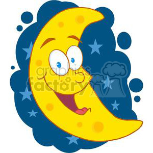A cheerful, cartoon-style yellow crescent moon with a smiling face. The moon is set against a dark blue background with stars and circular shapes.