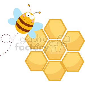 A colorful clipart image of a cheerful bee with blue wings flying near a honeycomb structure consisting of six hexagonal cells.