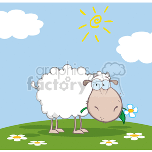 This is a cute and whimsical cartoon illustration showing a fluffy white sheep standing on a grassy hill with flowers (daisies) around it. The sheep has a funny expression on its face, with wide, crossed eyes. The background includes a clear sky, a few clouds, and a sun with swirling rays.