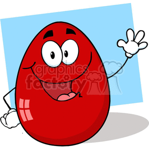 A cartoon-style clipart image of a cheerful red jellybean character, with big eyes and a wide smile, waving hello.